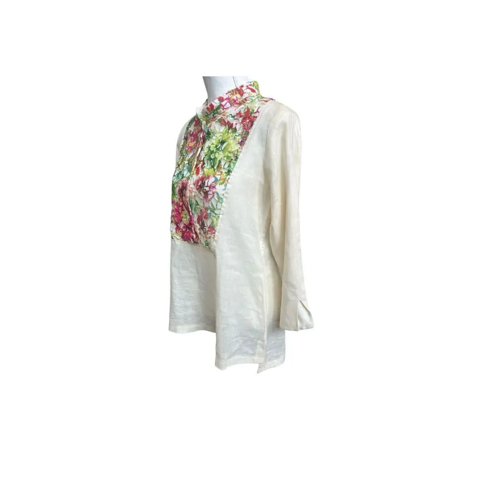 Boho Chic 100% Linen Floral Panel Tunic, Size S, Made in USA